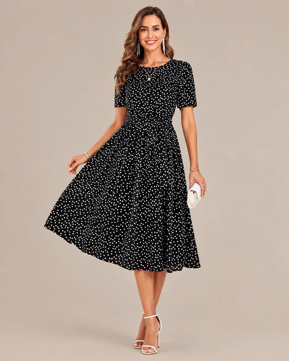 Polka Dot Tie Waist Fit-and-Flare Midi Dress | Oyese
