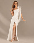 One Shoulder Bow Satin Gown – Fitted Slit Formal Evening Dress | Oyese