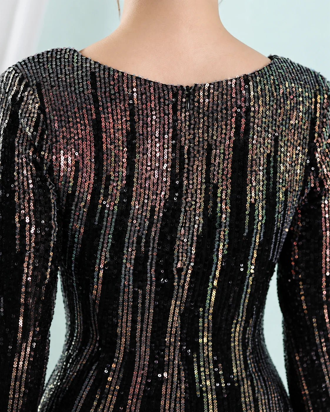 Deep V Long Sleeve Ombre Sequin Mermaid Evening Gown | Oyese