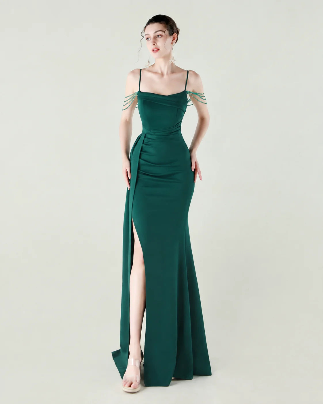 Strapless Beaded Chain Strap Ruched Mermaid Gown | Oyese