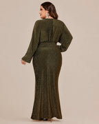 Plus Size V-Neck Glitter Mermaid Gown – Long Sleeve Sparkle Evening Dress | Oyese