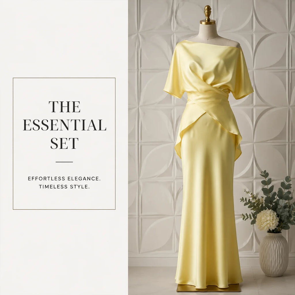 Lemon Satin Off-Shoulder Wrap Top & Maxi Skirt Set
