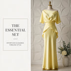Lemon Satin Off-Shoulder Wrap Top & Maxi Skirt Set