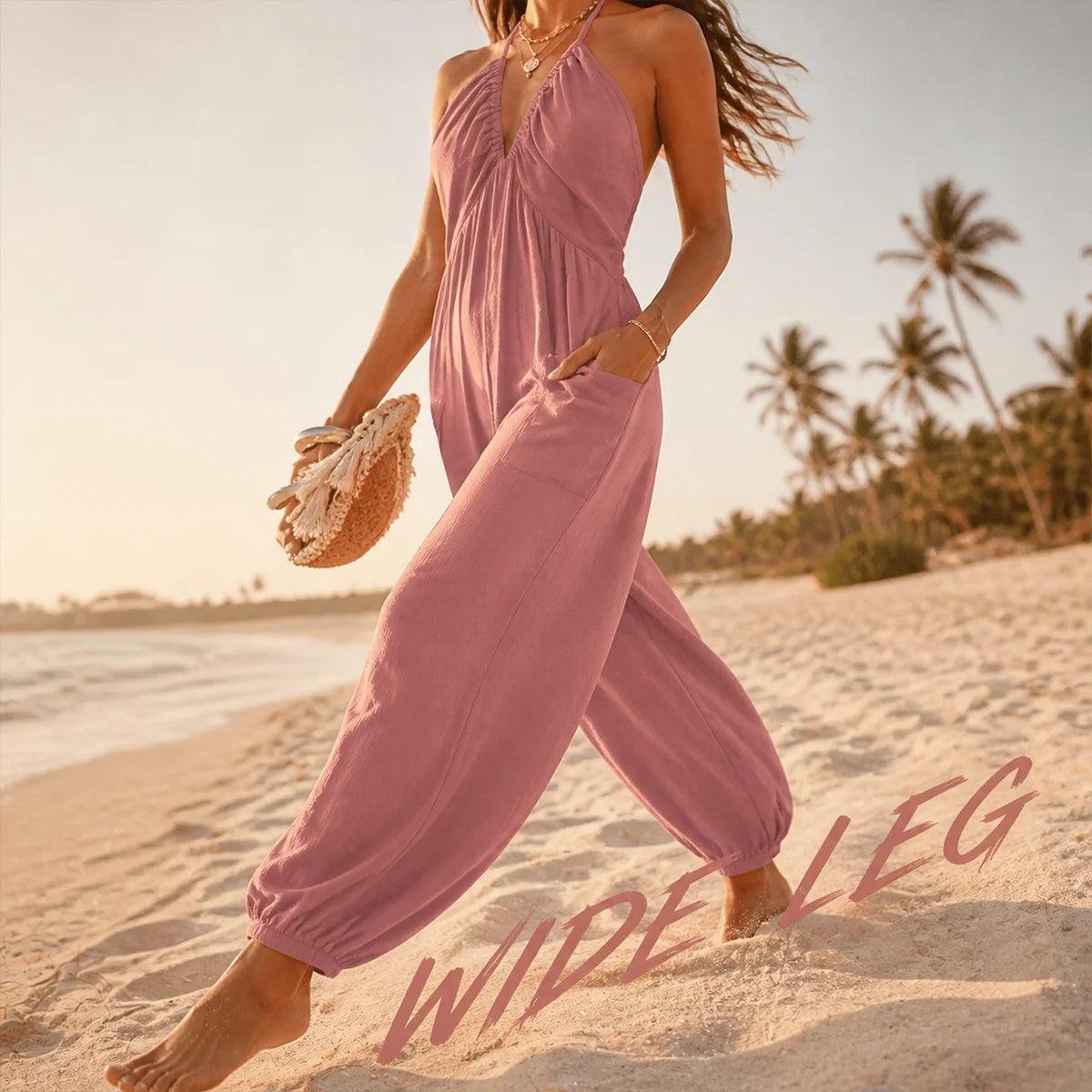Halter Neck Wide-Leg Jumpsuit in Tropical Print
