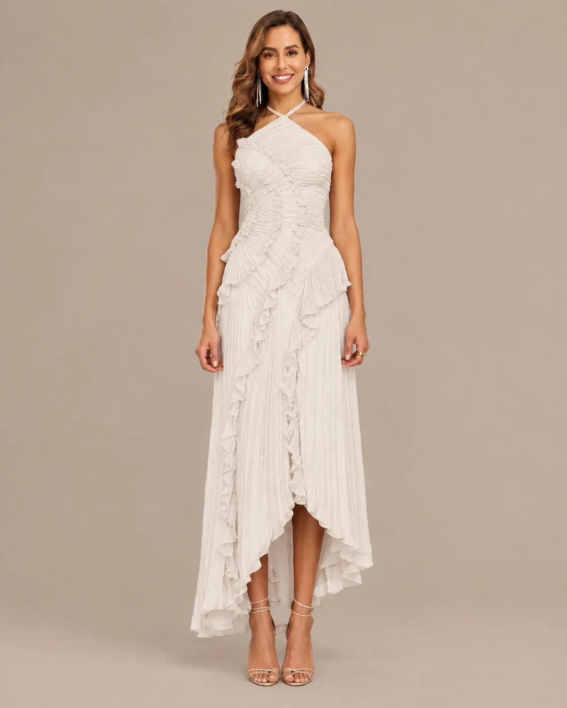 One-Shoulder Draped Ruffle High-Low Maxi Gown | Oyese