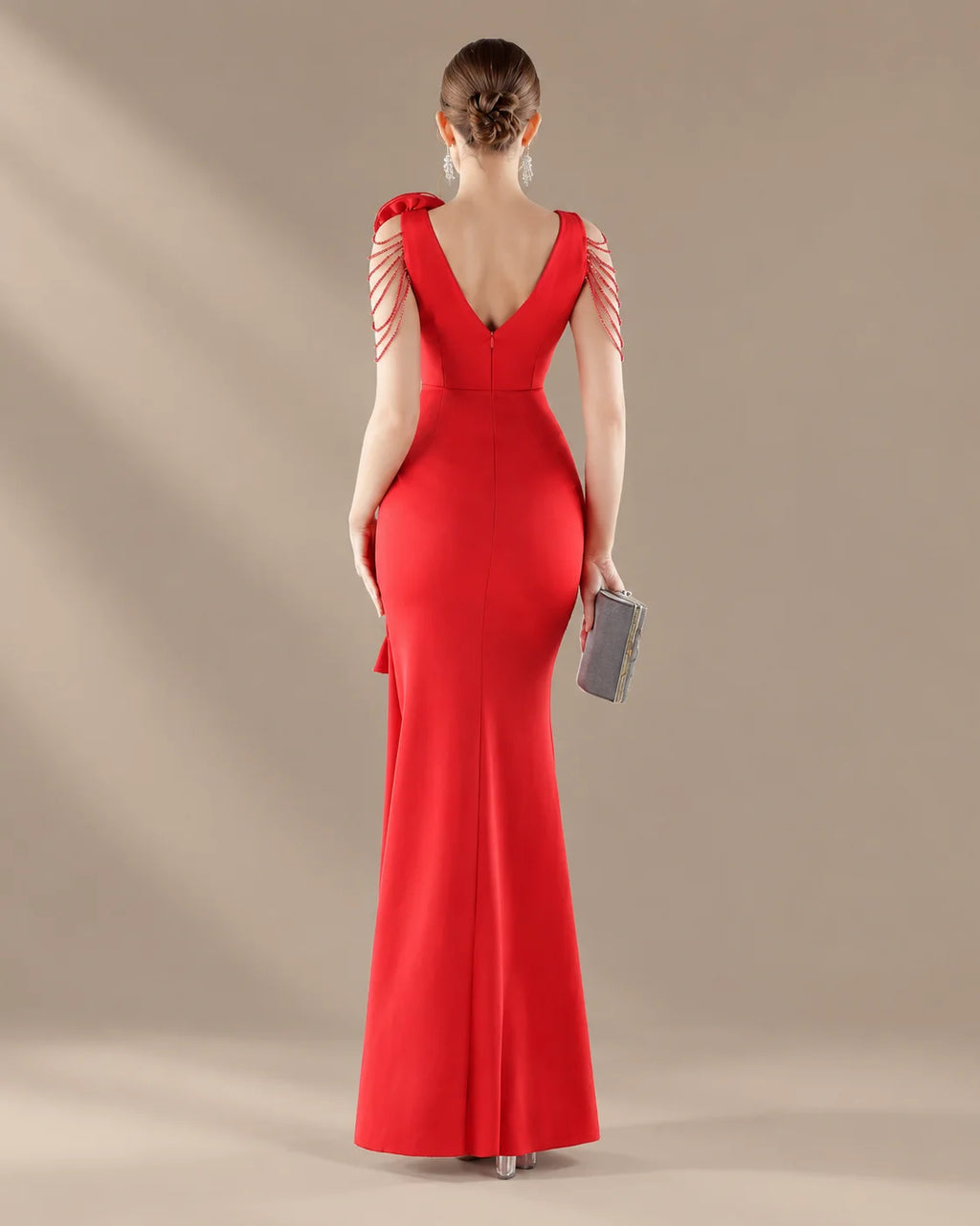 V-Neck 3D Floral Shoulder Beaded Mermaid Evening Gown | Oyese