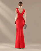 V-Neck 3D Floral Shoulder Beaded Mermaid Evening Gown | Oyese