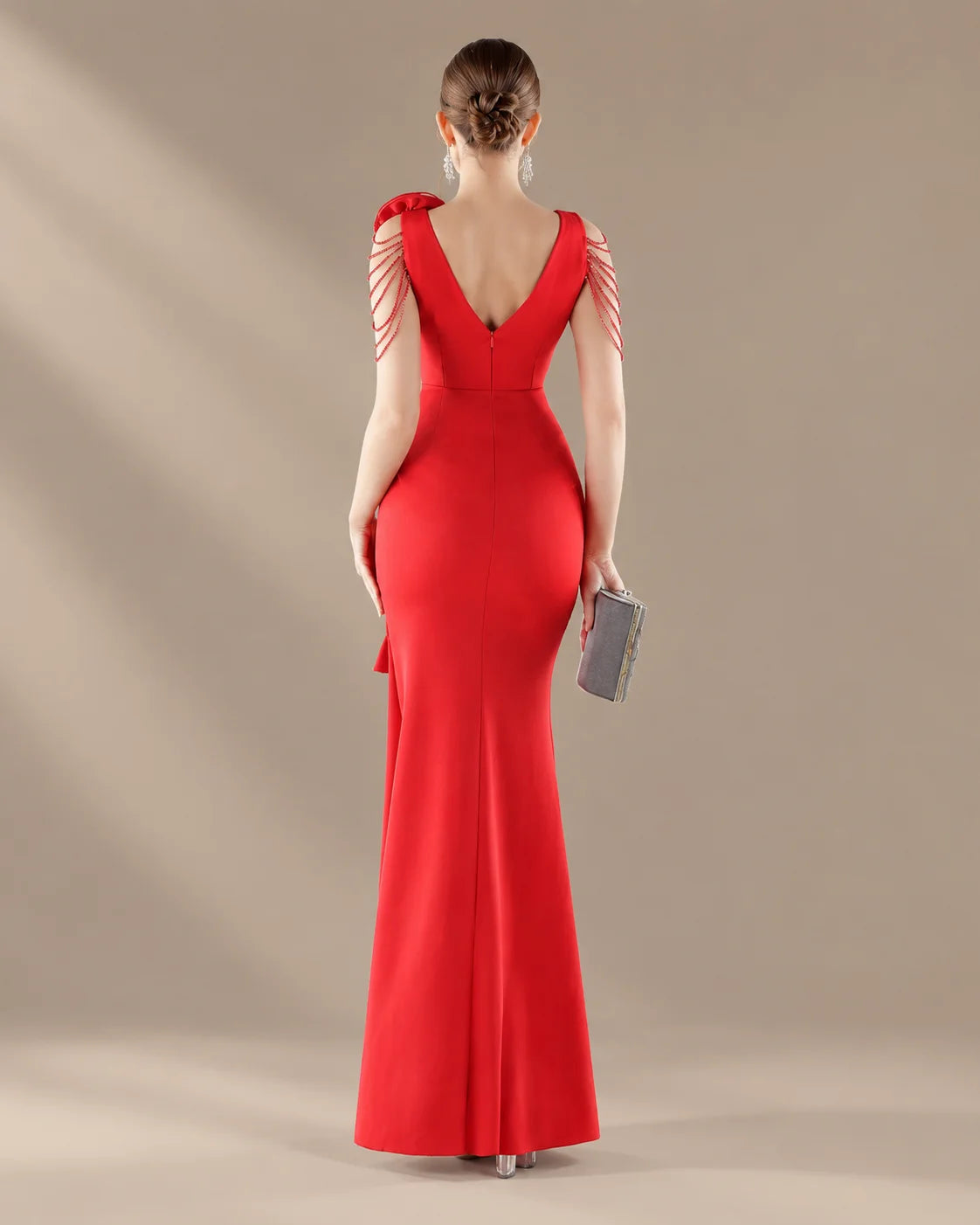 V-Neck 3D Floral Shoulder Beaded Mermaid Evening Gown | Oyese