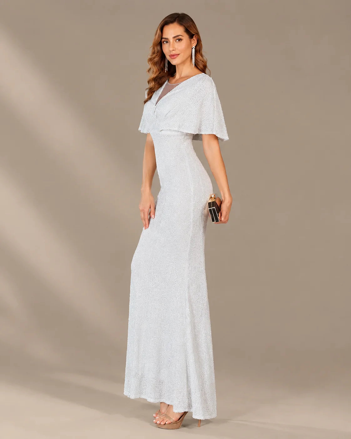 V-Neck Batwing Sleeve Sequin Mermaid Evening Gown | Oyese