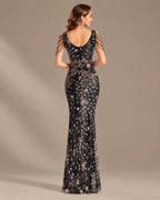 V-Neck Floral Sequin Embroidered Mermaid Evening Gown | Oyese