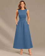 Round Neck Tie Waist Relaxed Maxi Dress – Sleeveless Textured Casual Dress | Oyese