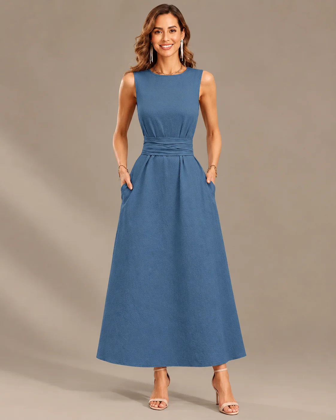 Round Neck Tie Waist Relaxed Maxi Dress – Sleeveless Textured Casual Dress | Oyese