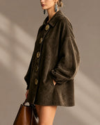 Women's Suede-Look Lapel Coat with Gold Buttons | Oyese