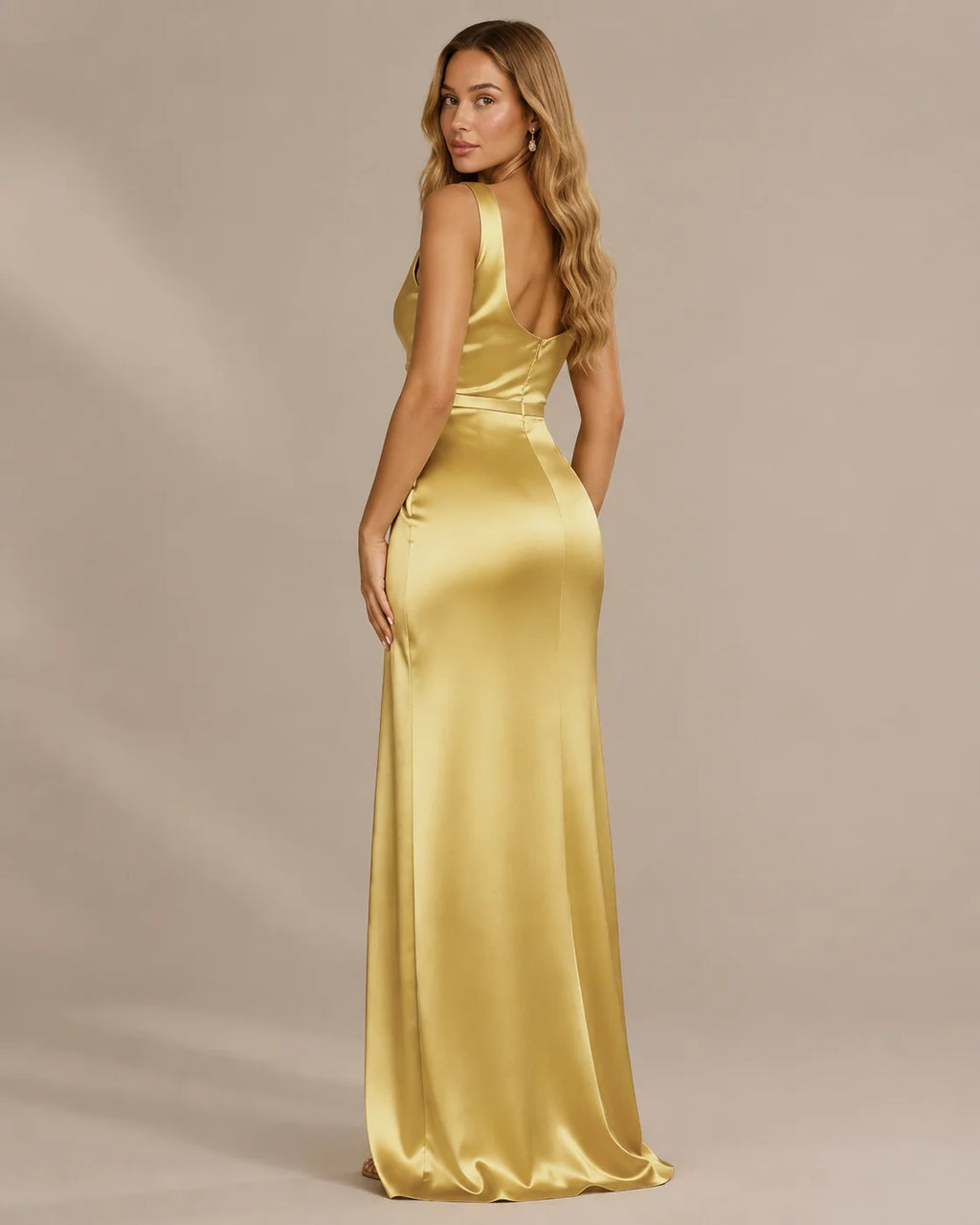 Satin Cowl Neck Ruched Maxi Dress – High Slit Evening Gown | Oyese