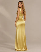 Satin Cowl Neck Ruched Maxi Dress – High Slit Evening Gown | Oyese