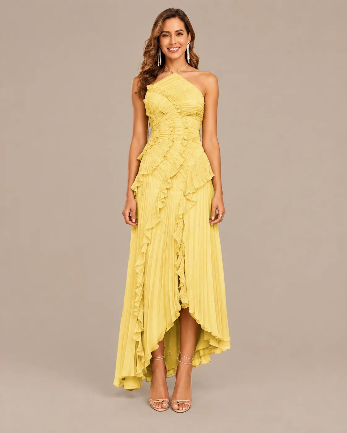 One-Shoulder Draped Ruffle High-Low Maxi Gown | Oyese