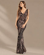 V-Neck Floral Sequin Embroidered Mermaid Evening Gown | Oyese