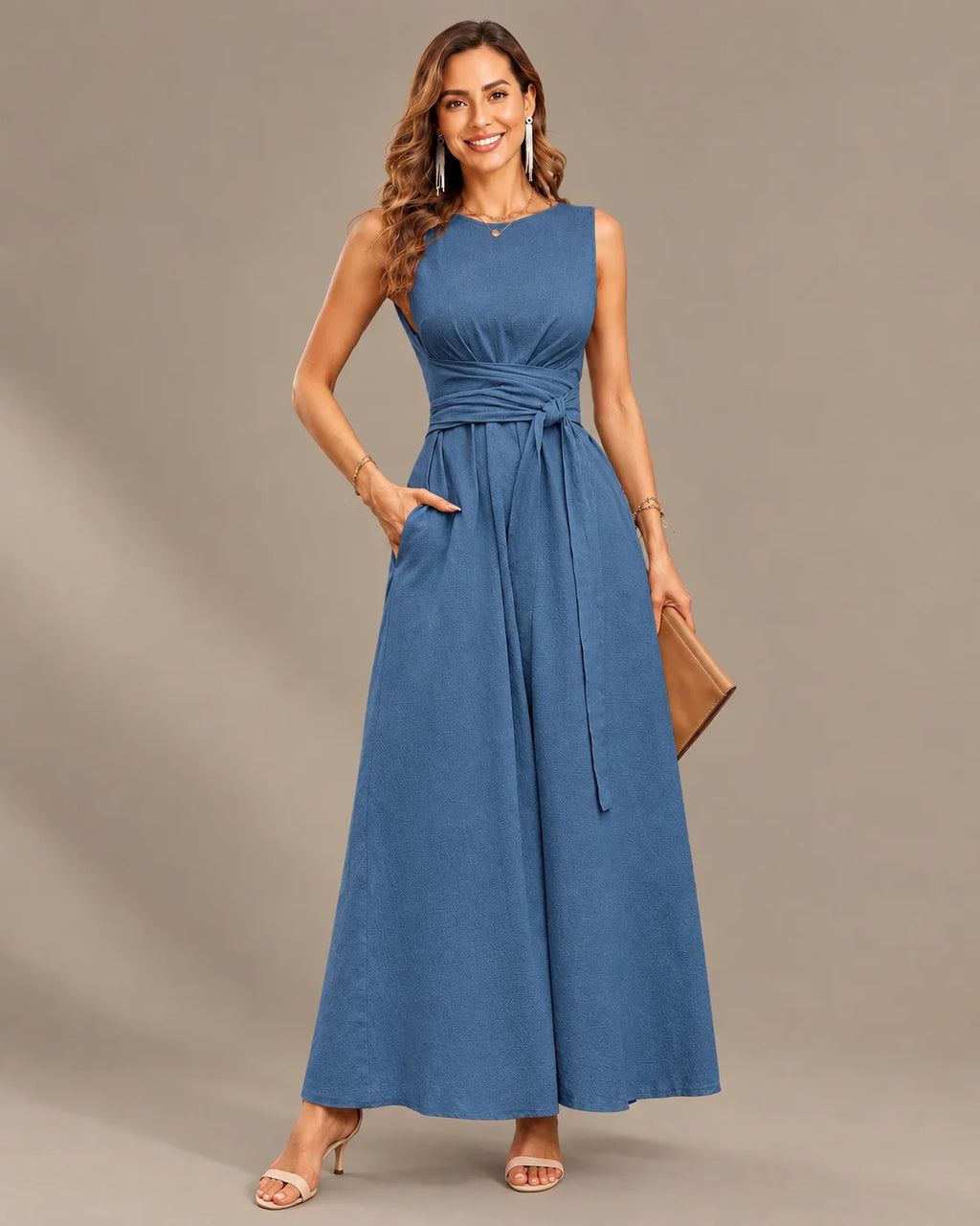 Round Neck Tie Waist Relaxed Maxi Dress – Sleeveless Textured Casual Dress | Oyese