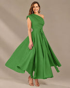 One-Shoulder Cap Sleeve Belted Fit and Flare Midi Dress | Oyese