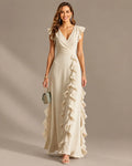 V-Neck Flutter Sleeve Cascading Ruffle Chiffon Maxi Dress | Oyese