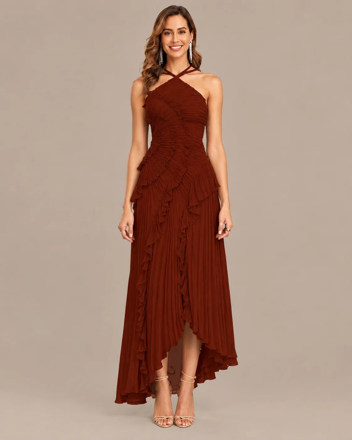One-Shoulder Draped Ruffle High-Low Maxi Gown | Oyese