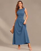 Round Neck Tie Waist Relaxed Maxi Dress – Sleeveless Textured Casual Dress | Oyese