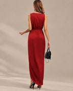 Women's Double-Faced Satin V-Neck Slit Maxi Dress | Oyese