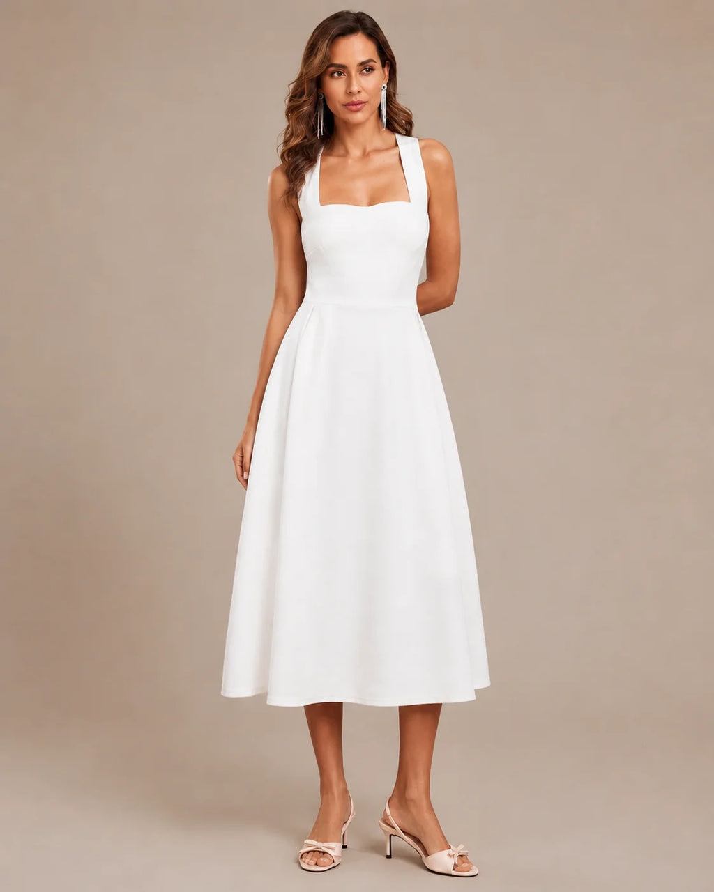 Square Neck Halter Wrap Waist Midi Dress – A-Line Summer Wedding Guest Dress | Oyese