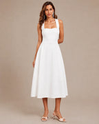 Square Neck Halter Wrap Waist Midi Dress – A-Line Summer Wedding Guest Dress | Oyese