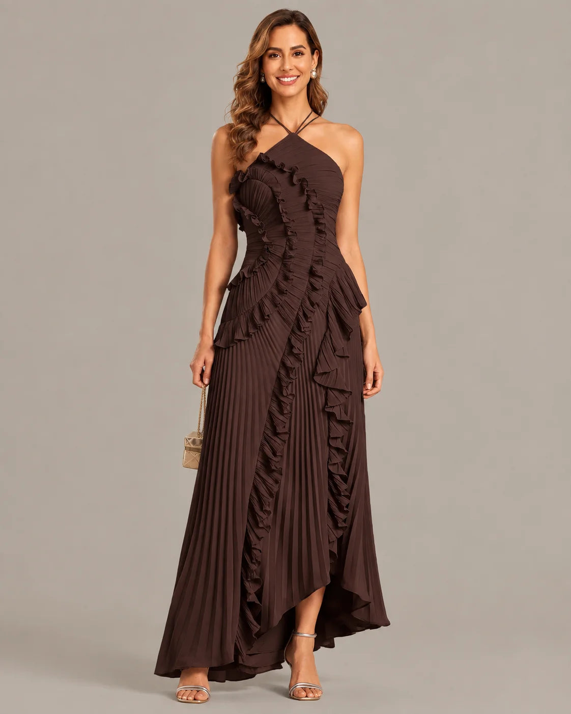 One-Shoulder Draped Ruffle High-Low Maxi Gown | Oyese