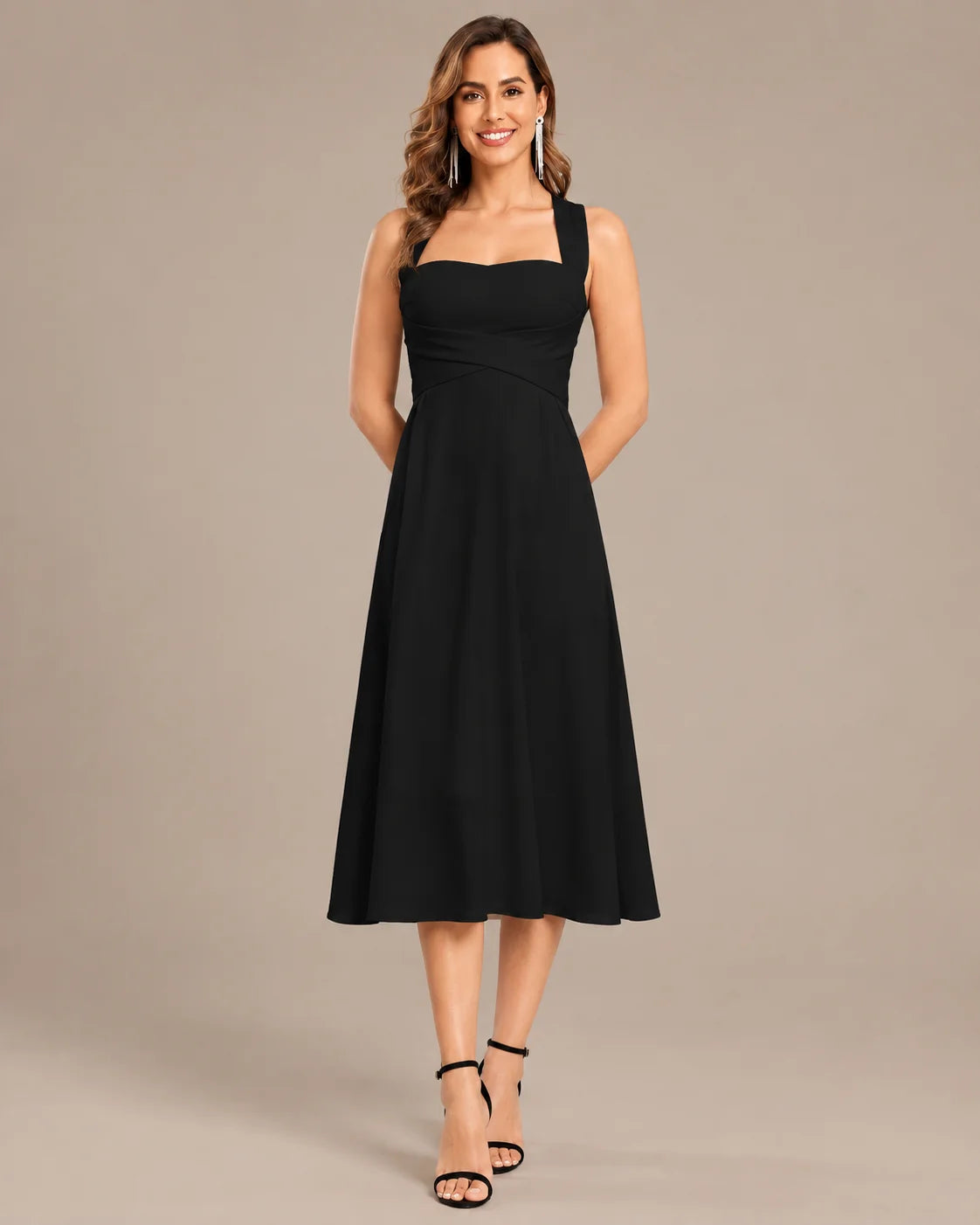 Square Neck Halter Wrap Waist Midi Dress – A-Line Summer Wedding Guest Dress | Oyese