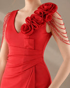 V-Neck 3D Floral Shoulder Beaded Mermaid Evening Gown | Oyese