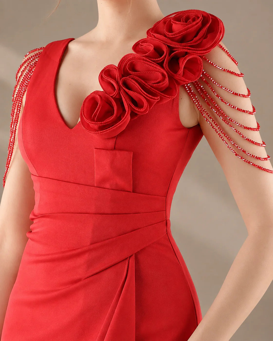 V-Neck 3D Floral Shoulder Beaded Mermaid Evening Gown | Oyese