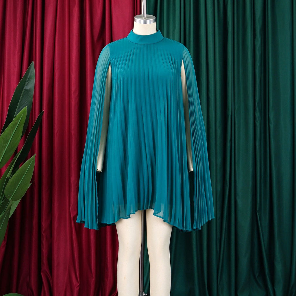 Mock Neck Pleated Chiffon Cape Shift Dress | Oyese