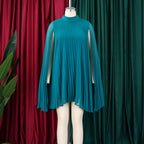 Mock Neck Pleated Chiffon Cape Shift Dress | Oyese