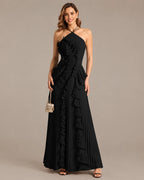One-Shoulder Draped Ruffle High-Low Maxi Gown | Oyese
