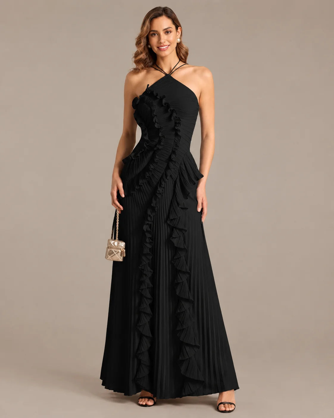 One-Shoulder Draped Ruffle High-Low Maxi Gown | Oyese