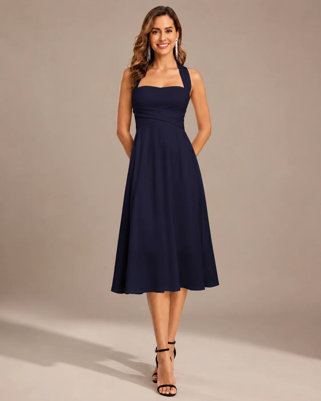 Square Neck Halter Wrap Waist Midi Dress – A-Line Summer Wedding Guest Dress | Oyese