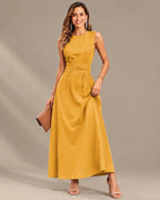 Round Neck Tie Waist Relaxed Maxi Dress – Sleeveless Textured Casual Dress | Oyese