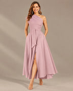 One-Shoulder Cap Sleeve Belted Fit and Flare Midi Dress | Oyese