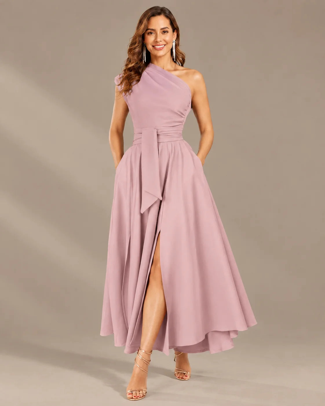 One-Shoulder Cap Sleeve Belted Fit and Flare Midi Dress | Oyese