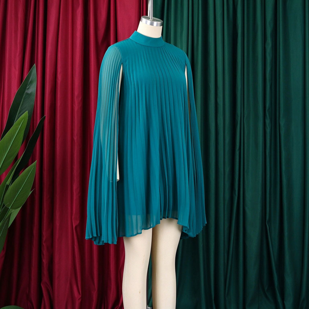Mock Neck Pleated Chiffon Cape Shift Dress | Oyese
