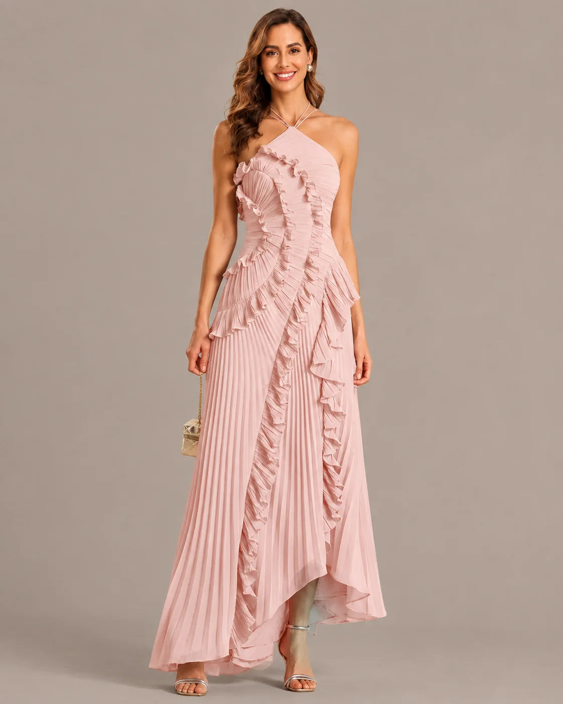 One-Shoulder Draped Ruffle High-Low Maxi Gown | Oyese