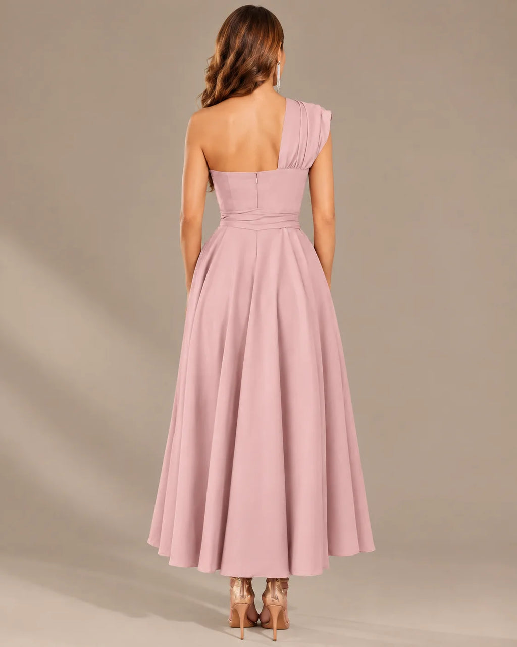 One-Shoulder Cap Sleeve Belted Fit and Flare Midi Dress | Oyese