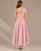 One-Shoulder Cap Sleeve Belted Fit and Flare Midi Dress | Oyese