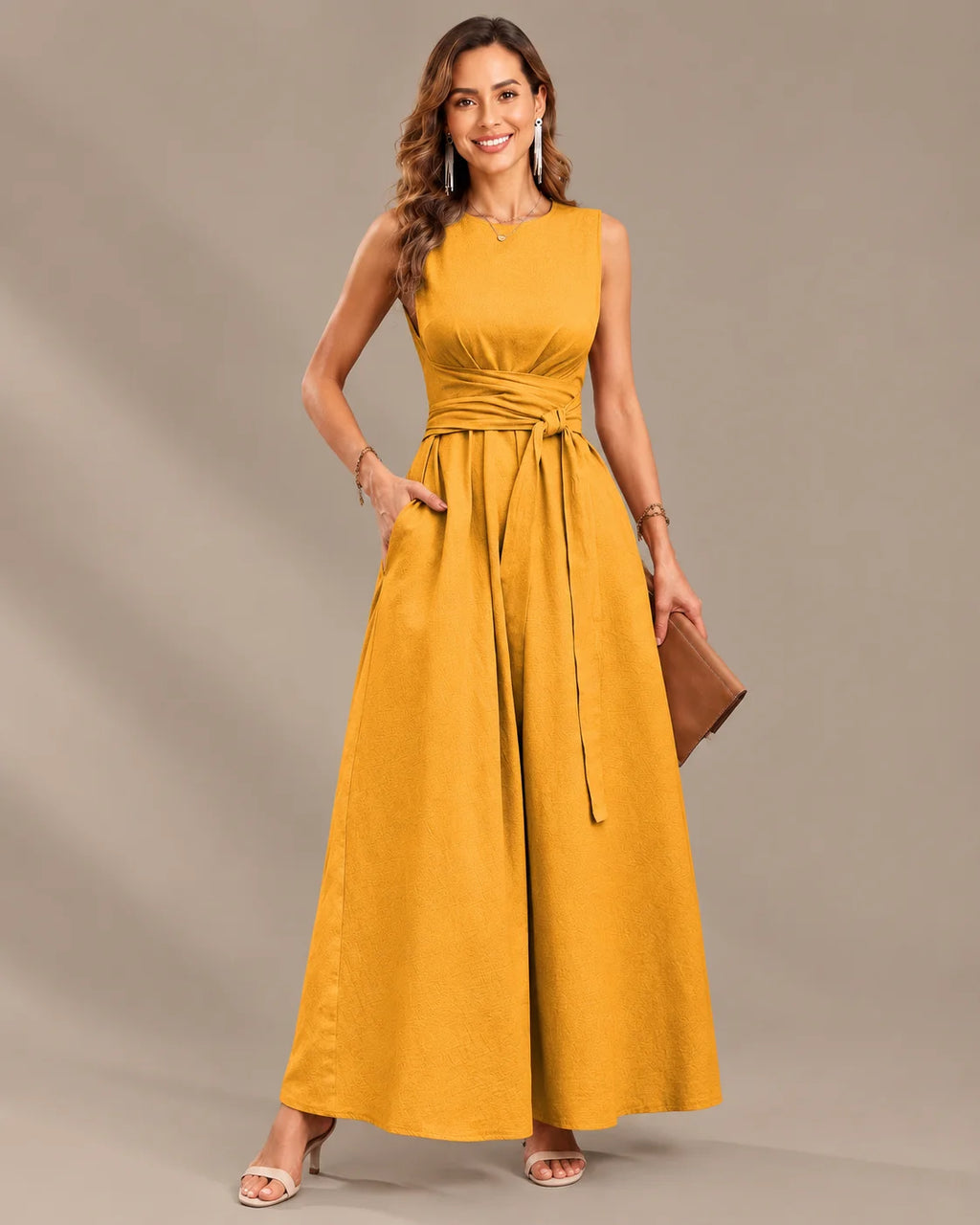 Round Neck Tie Waist Relaxed Maxi Dress – Sleeveless Textured Casual Dress | Oyese