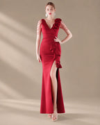V-Neck 3D Floral Shoulder Beaded Mermaid Evening Gown | Oyese