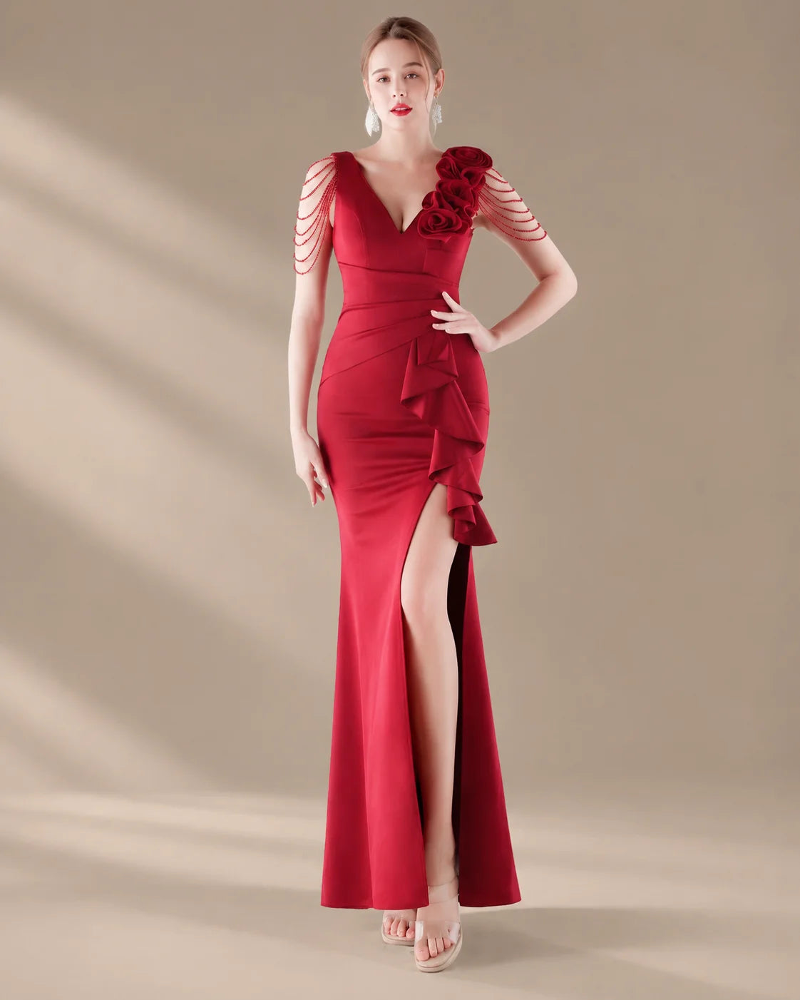 V-Neck 3D Floral Shoulder Beaded Mermaid Evening Gown | Oyese