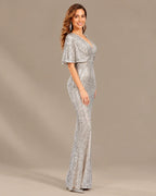 V-Neck Batwing Sleeve Sequin Mermaid Evening Gown | Oyese