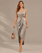 Women's Double-Faced Satin V-Neck Slit Maxi Dress | Oyese